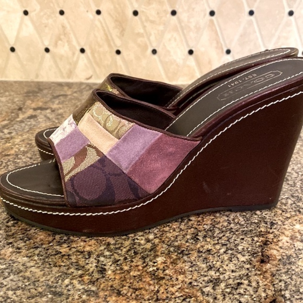Coach patchwork wedge sandals in purples, creams and brown.  8